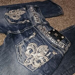 Miss Me Mid Rise Bootcut Sequin Design Jeans Dark Size 28 Y2k Discontinued